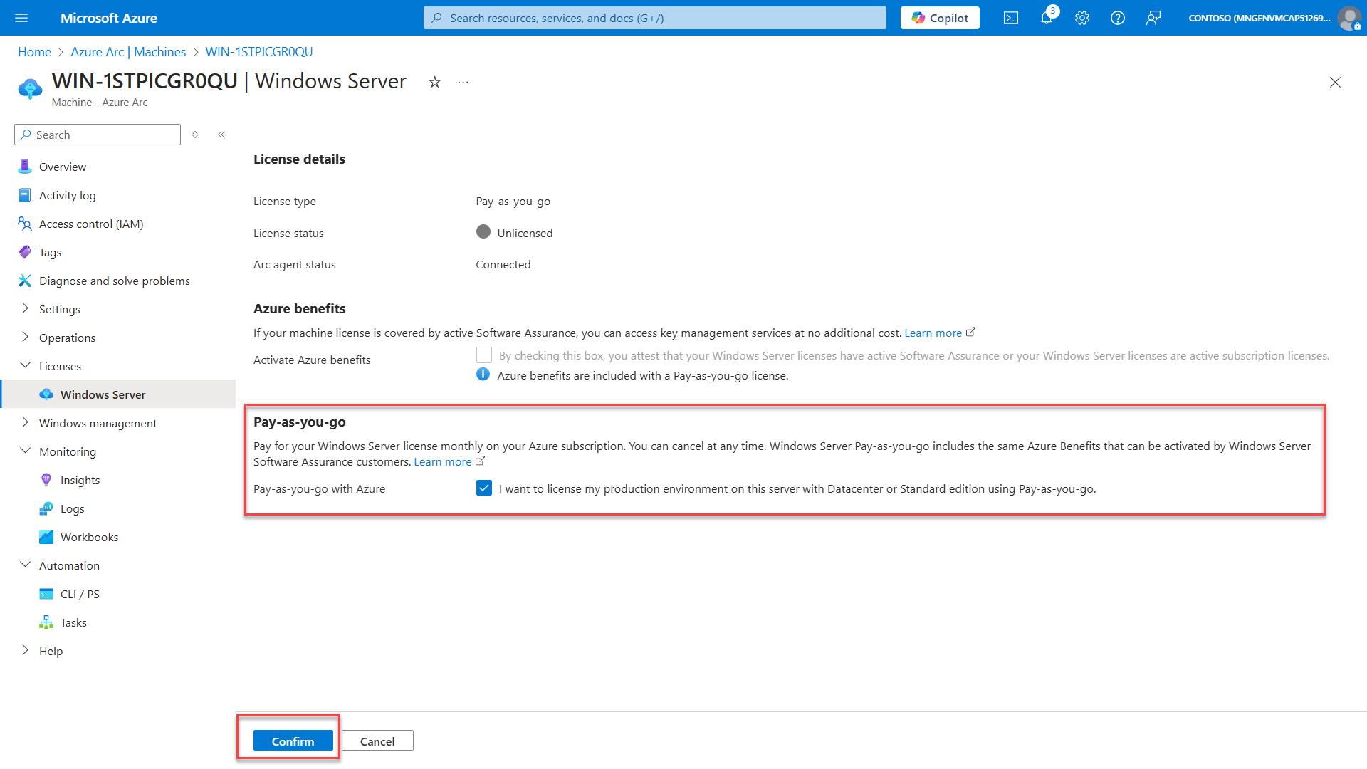 Windows Server Pay-as-you-go licensing via Azure Arc